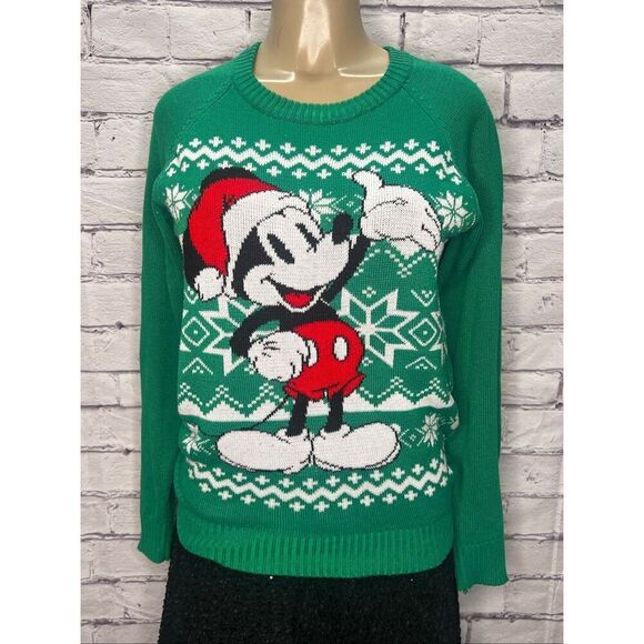 Disney Sweaters - Disney Womens Green Knit Mickey Mouse Santa Fair Isle Christmas Sweater Medium
